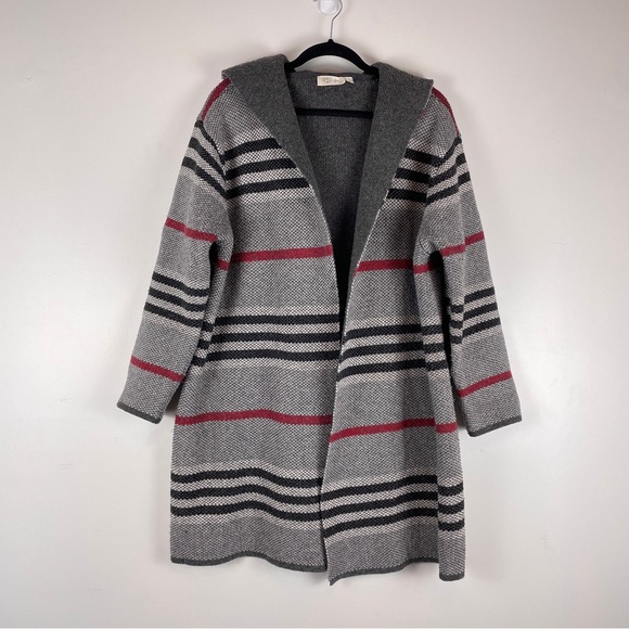 RD STYLE Cardigan W’s S Grey Hooded Cozy Open Front Longline Red Stripe Coatigan - Picture 2 of 12